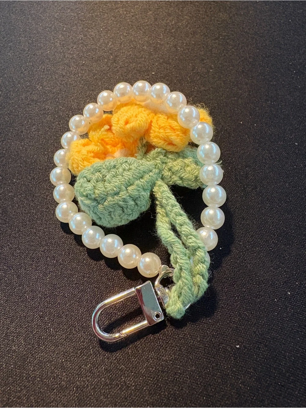 Handmade Yellow Crochet Flower Keychain with Pearl Bead Loop